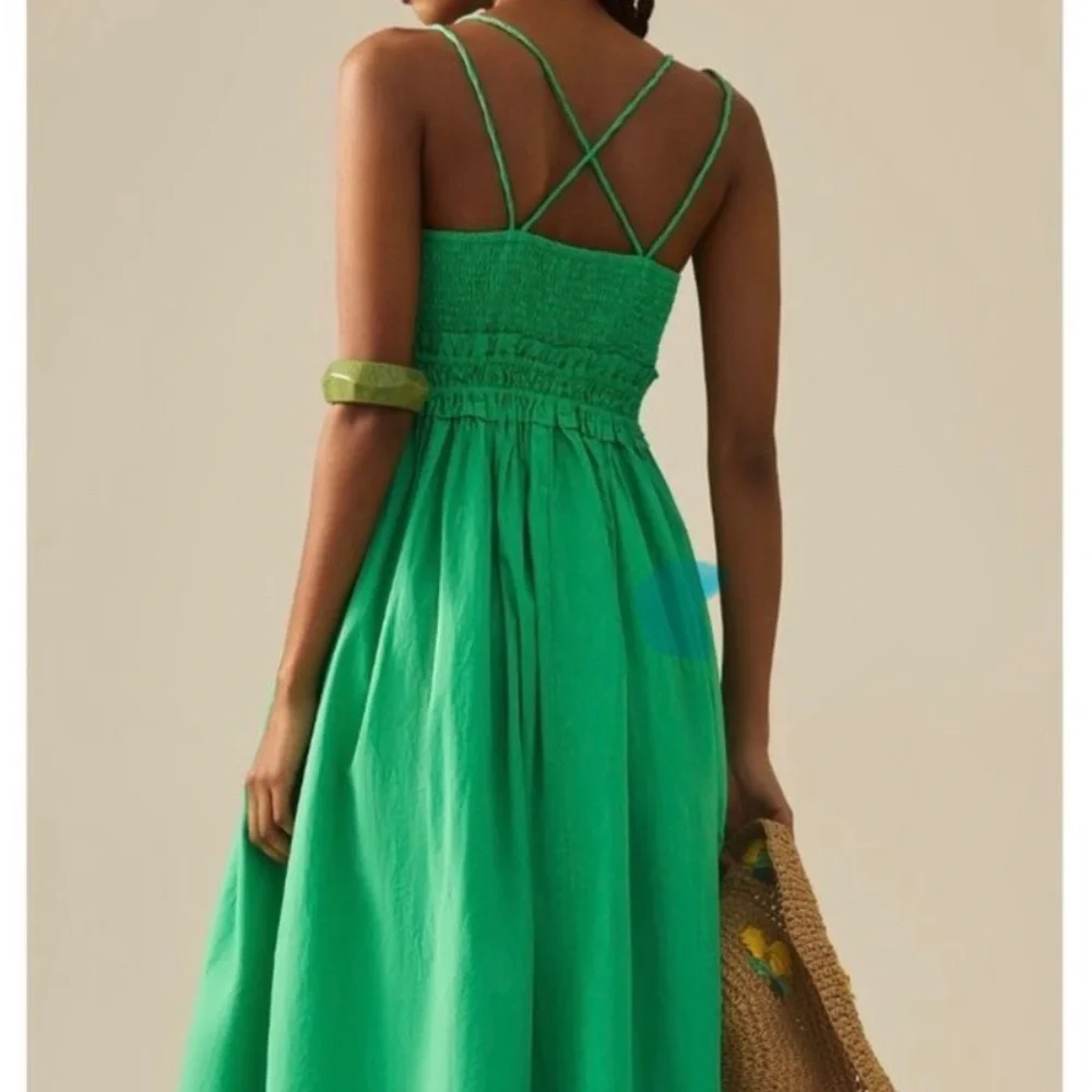 By Anthropologie Kelly Green Corset Strappy Cross-Back Midi Dress Large - Picture 2 of 4